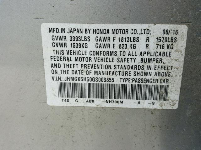 JHMGK5H50GS003855 - 2016 HONDA FIT LX SILVER photo 10