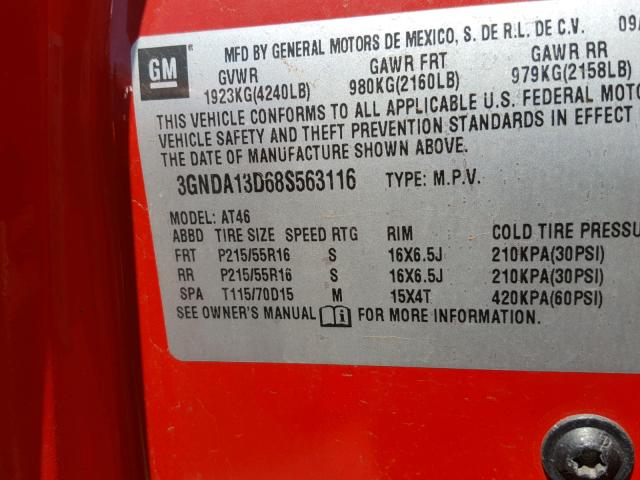 3GNDA13D68S563116 - 2008 CHEVROLET HHR LS RED photo 10