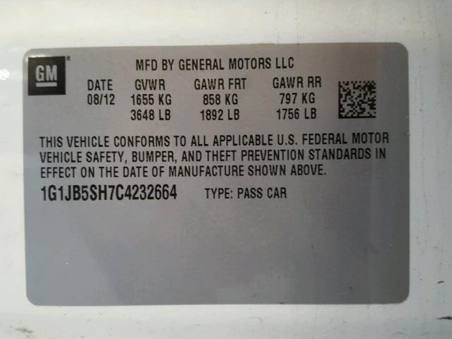 1G1JB5SH7C4232664 - 2012 CHEVROLET SONIC LS 白色 照片 10