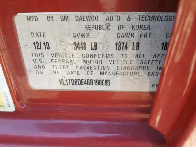 KL1TD6DE4BB190085 - 2011 CHEVROLET AVEO LS 红色 照片 10