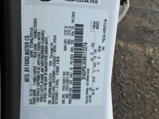 3FADP0L3XBR173276 - 2011 FORD FUSION HYB WHITE photo 10