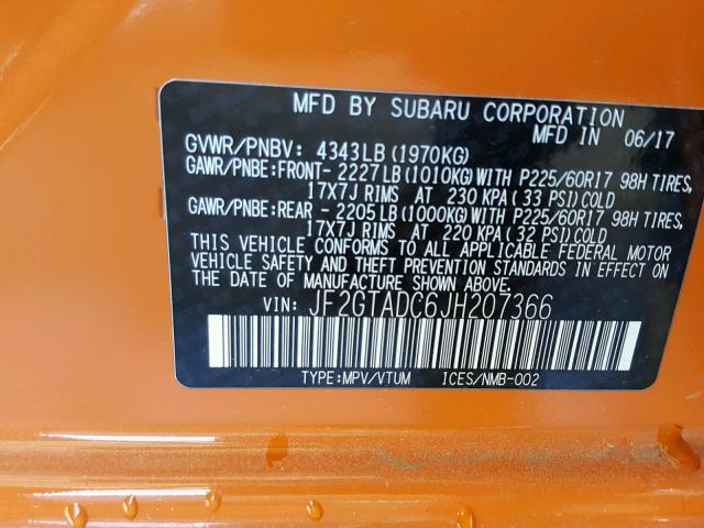 JF2GTADC6JH207366 - 2018 SUBARU CROSSTREK ORANGE photo 10