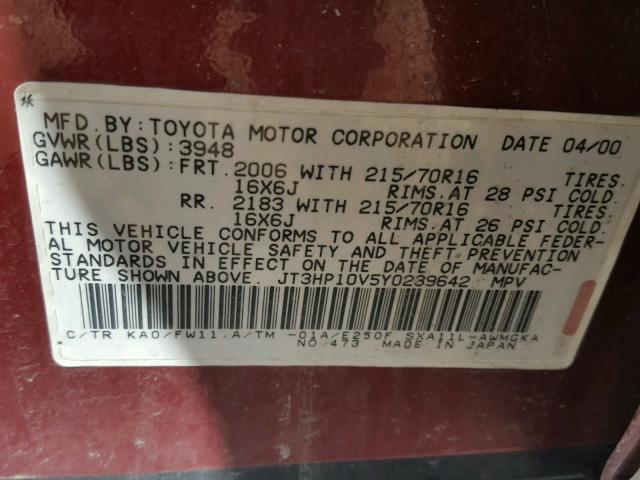 JT3HP10V5Y0239642 - 2000 TOYOTA RAV4 RED photo 10