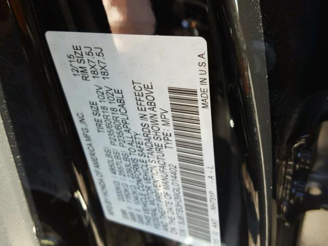 5J8TB3H39GL014402 - 2016 ACURA RDX BASE BLACK photo 10