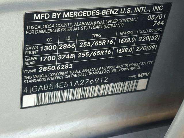 4JGAB54E51A276912 - 2001 MERCEDES-BENZ ML 320 SILVER photo 10