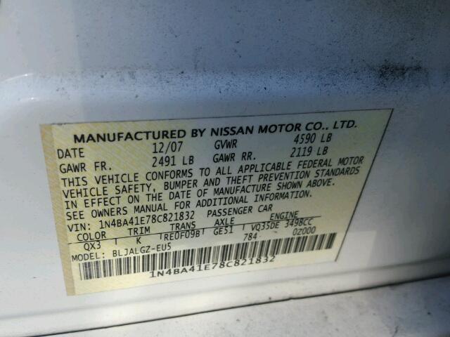 1N4BA41E78C821832 - 2008 NISSAN MAXIMA SE WHITE photo 10