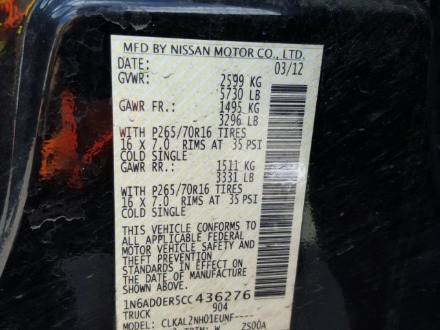 1N6AD0ER5CC436276 - 2012 NISSAN FRONTIER S BLACK photo 10