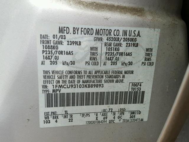 1FMCU93103KB89893 - 2003 FORD ESCAPE XLT SILVER photo 10