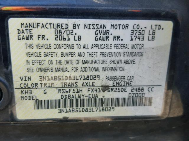 3N1AB51D83L718029 - 2003 NISSAN SENTRA SE- BLACK photo 10