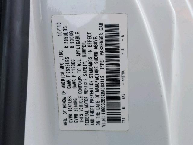 1HGCS2B8XBA003105 - 2011 HONDA ACCORD EXL WHITE photo 10