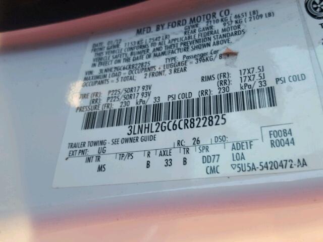 3LNHL2GC6CR822825 - 2012 LINCOLN MKZ Blanco foto 10