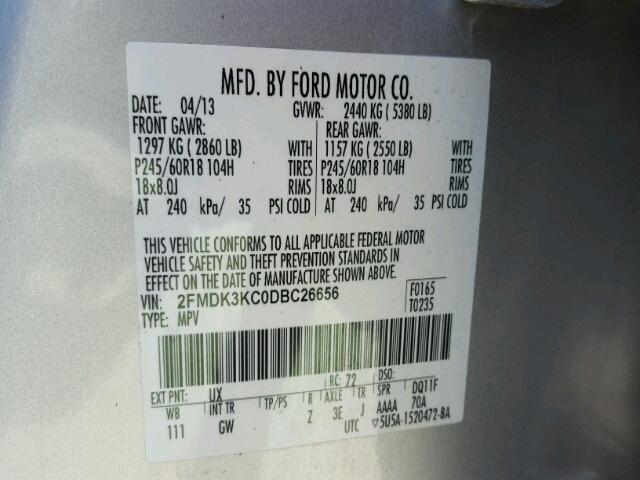 2FMDK3KC0DBC26656 - 2013 FORD EDGE LIMIT SILVER photo 10