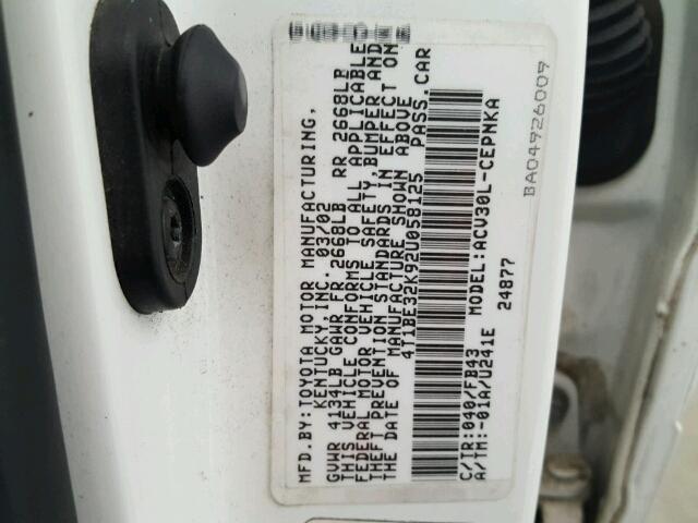 4T1BE32K92U058125 - 2002 TOYOTA CAMRY LE/X WHITE photo 10