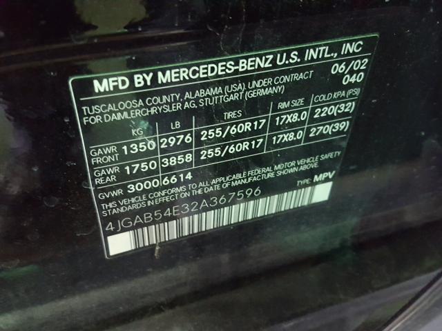 4JGAB54E32A367596 - 2002 MERCEDES-BENZ ML 320 BLACK photo 10