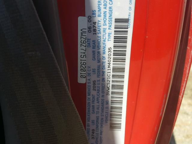 3VWCS21C11M402035 - 2001 VOLKSWAGEN NEW BEETLE 红色 照片 10