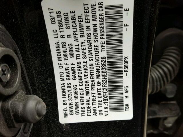 19XFC2F83HE038626 - 2017 HONDA CIVIC EX შავი ფოტო 10