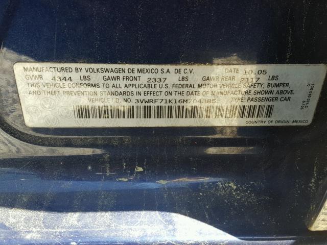 3VWRF71K16M704385 - 2006 VOLKSWAGEN JETTA 2.5 BLUE photo 10