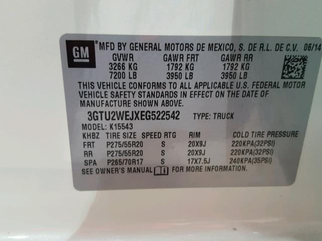 3GTU2WEJXEG522542 - 2014 GMC SIERRA K15 WHITE photo 10