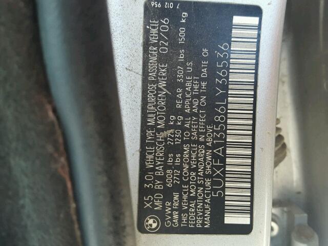 5UXFA13586LY36536 - 2006 BMW X5 3.0I SILVER photo 10