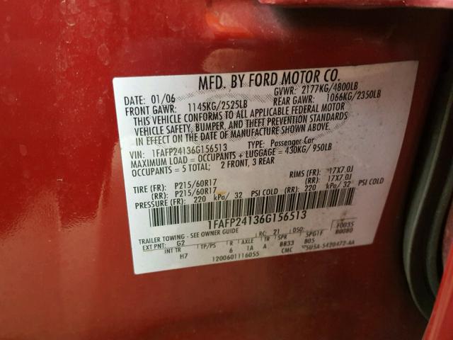 1FAFP24136G156513 - 2006 FORD FIVE HUNDR RED photo 10