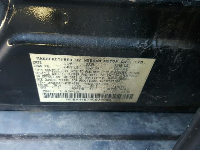 1N4BA41E74C874038 - 2004 NISSAN MAXIMA SE BLACK photo 10