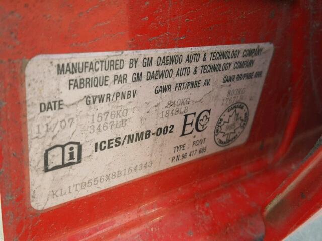 KL1TD556X8B164343 - 2008 CHEVROLET AVEO BASE Rouge photo 10