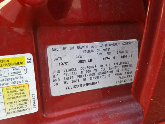 KL1TD5DE1AB045644 - 2010 CHEVROLET AVEO LS RED photo 10