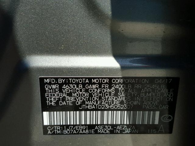 JTHBA1D23H5052307 - 2017 LEXUS IS 200T SILVER photo 10