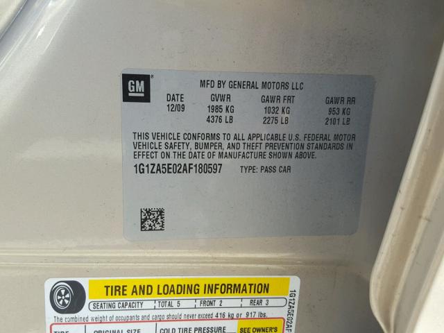 1G1ZA5E02AF180597 - 2010 CHEVROLET MALIBU LS 金色 照片 10