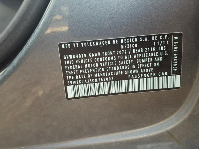 3VW2K7AJ8CM352003 - 2012 VOLKSWAGEN JETTA BASE 灰色 照片 10