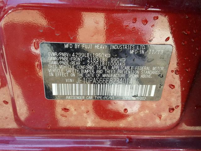 JF1GPAS66E8234014 - 2014 SUBARU IMPREZA SP BURGUNDY photo 10