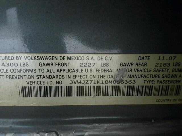 3VWJZ71K18M086363 - 2008 VOLKSWAGEN JETTA S 灰色 照片 10