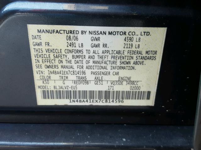 1N4BA41EX7C814596 - 2007 NISSAN MAXIMA SE CHARCOAL photo 10