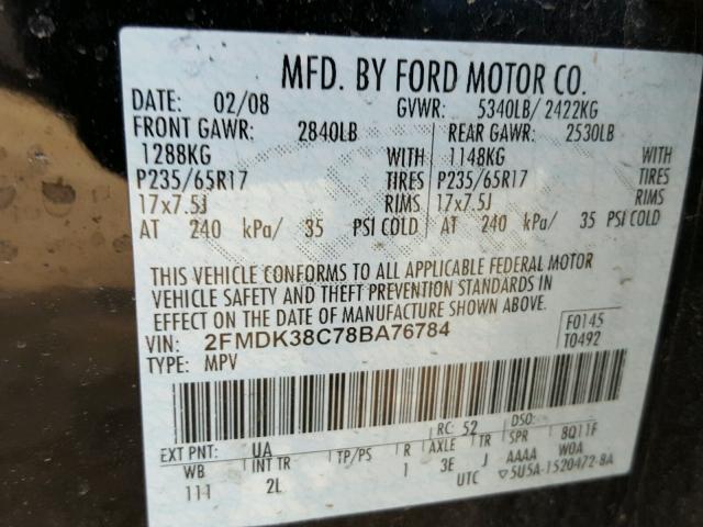 2FMDK38C78BA76784 - 2008 FORD EDGE SEL BLACK photo 10