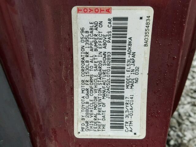 JT2AC52L0T0182893 - 1996 TOYOTA TERCEL STD MAROON photo 10