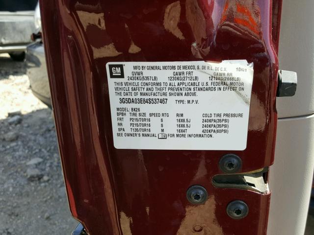 3G5DA03E84S537467 - 2004 BUICK RENDEZVOUS MAROON photo 10