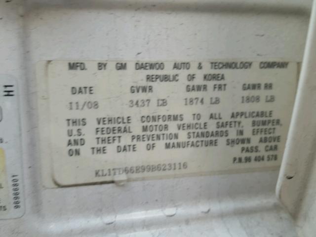 KL1TD66E99B623116 - 2009 CHEVROLET AVEO LS WHITE photo 10