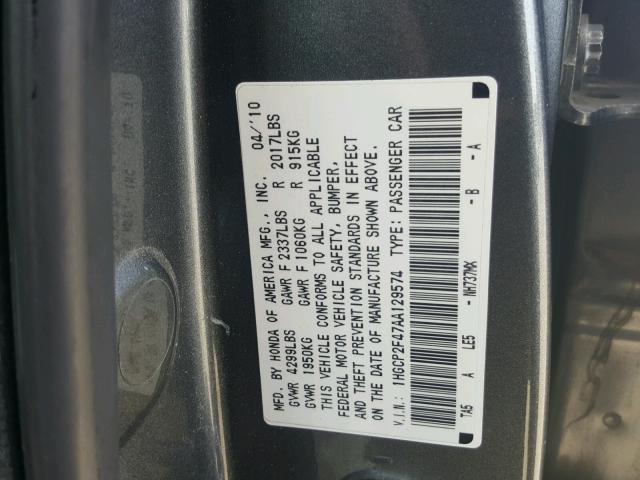 1HGCP2F47AA129574 - 2010 HONDA ACCORD LXP GRAY photo 10