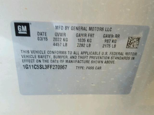 1G11C5SL3FF270967 - 2015 CHEVROLET MALIBU 1LT 银色 照片 10