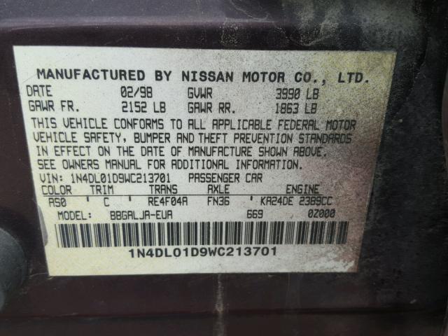 1N4DL01D9WC213701 - 1998 NISSAN ALTIMA XE MAROON photo 10