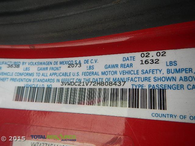 3VWDC21V72M808437 - 2002 VOLKSWAGEN CABRIO GLX RED photo 12