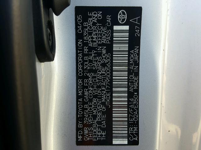 JTKDE177950056305 - 2005 TOYOTA SCION TC 银色 照片 10