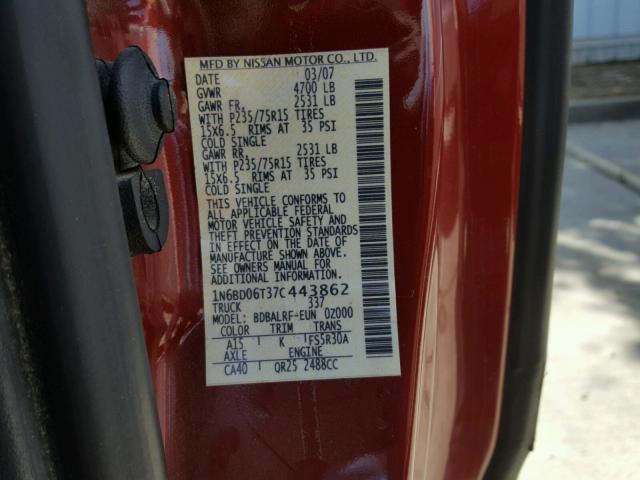 1N6BD06T37C443862 - 2007 NISSAN FRONTIER K RED photo 10