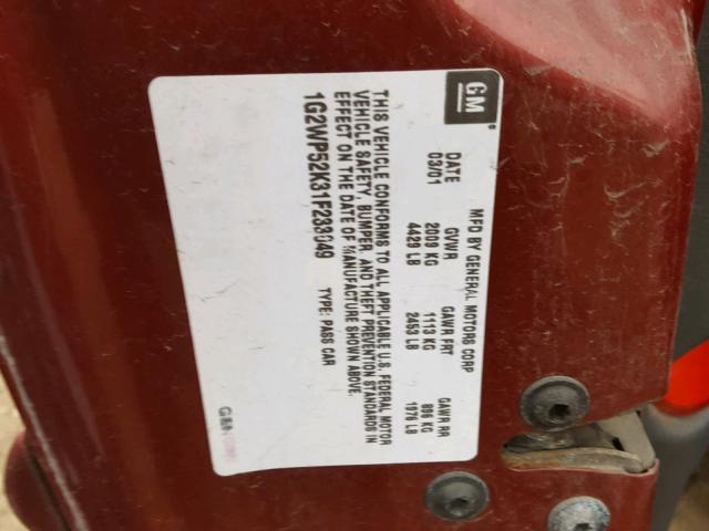 1G2WP52K31F233049 - 2001 PONTIAC GRAND PRIX BURGUNDY photo 10