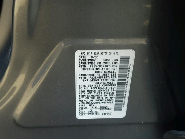 JN8AZ08W37W607864 - 2007 NISSAN MURANO SL GRAY photo 10