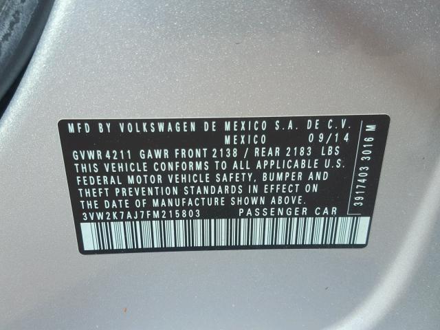 3VW2K7AJ7FM215803 - 2015 VOLKSWAGEN JETTA BASE 银色 照片 10