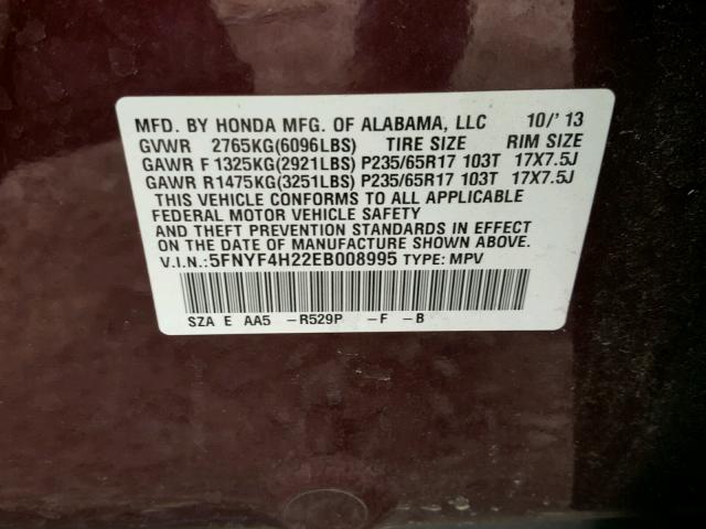 5FNYF4H22EB008995 - 2014 HONDA PILOT LX MAROON photo 10