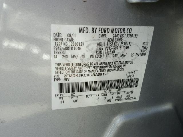 2FMDK3KCXCBA09193 - 2012 FORD EDGE LIMIT SILVER photo 10