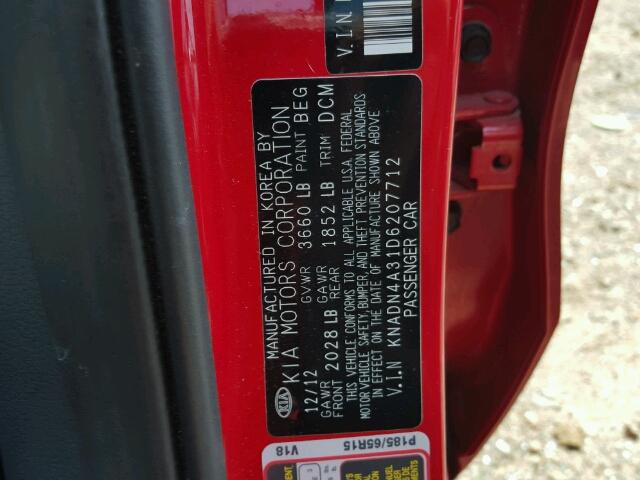 KNADN4A31D6207712 - 2013 KIA RIO EX RED photo 10