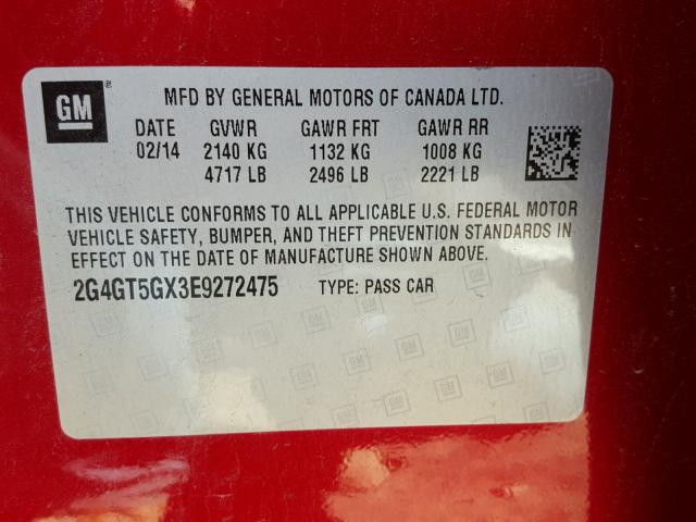 2G4GT5GX3E9272475 - 2014 BUICK REGAL GS RED photo 10